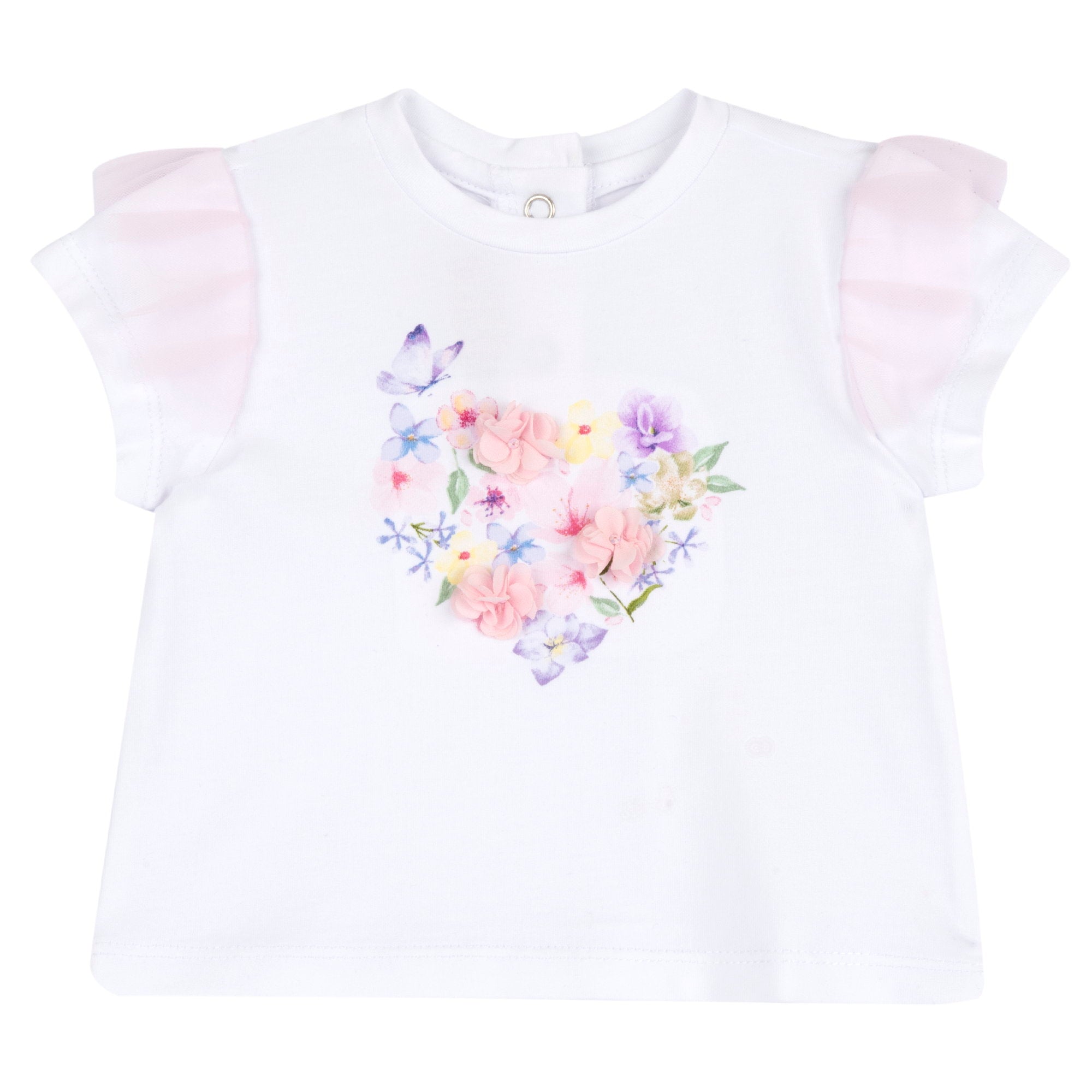 Playful Graphic Cotton Blend Tee for Girls in White & Pink Tones