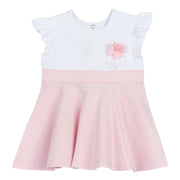 Stretch Cotton A-Line Dress with Embellished Detail for Girls in White & Pink