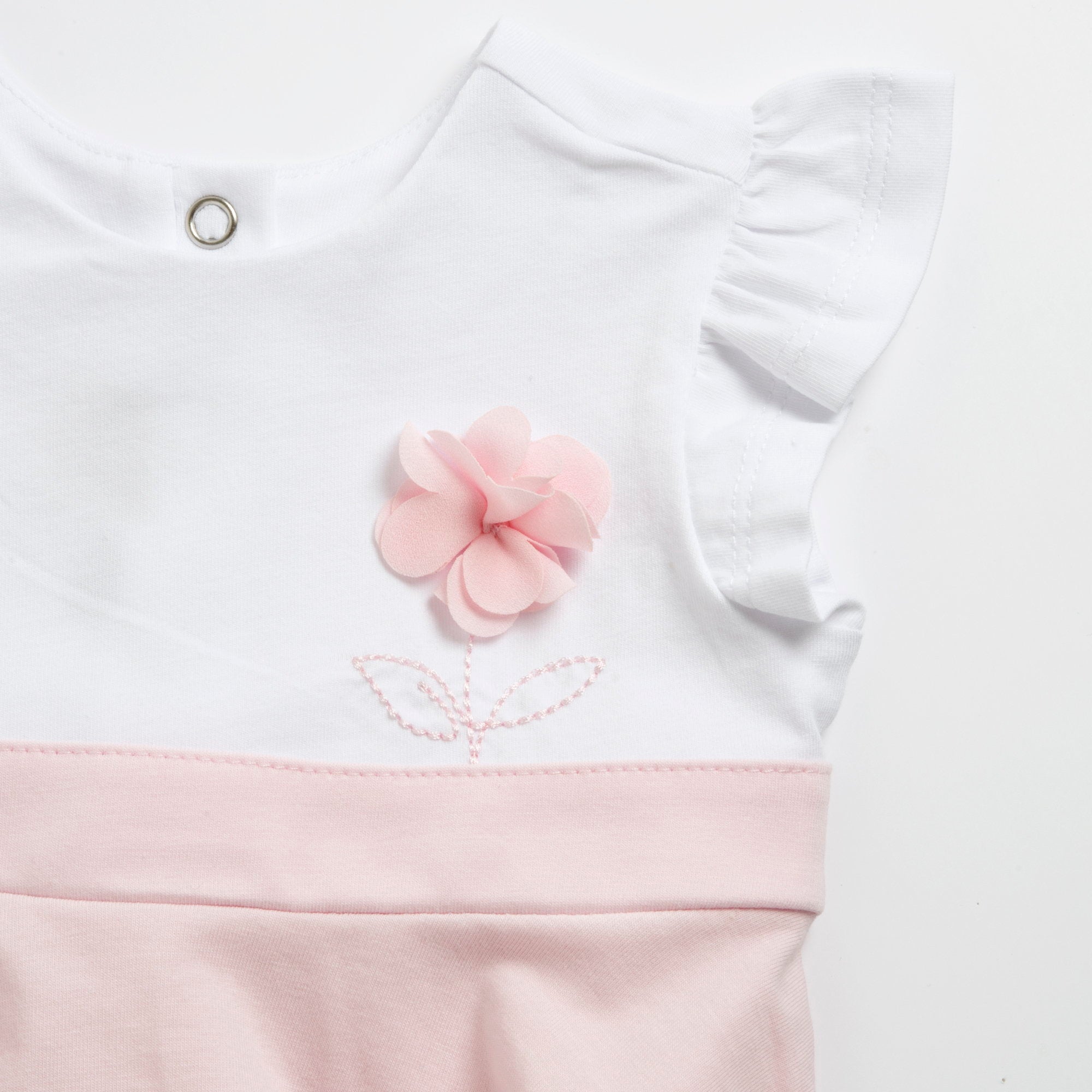 Stretch Cotton A-Line Dress with Embellished Detail for Girls in White & Pink