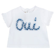 Embellished Stretch Cotton Top for Girls in White & Light Blue