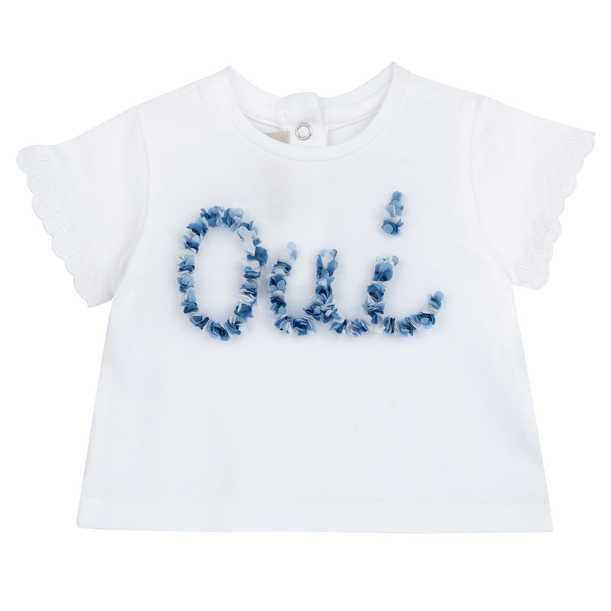 Embellished Stretch Cotton Top for Girls in White & Light Blue