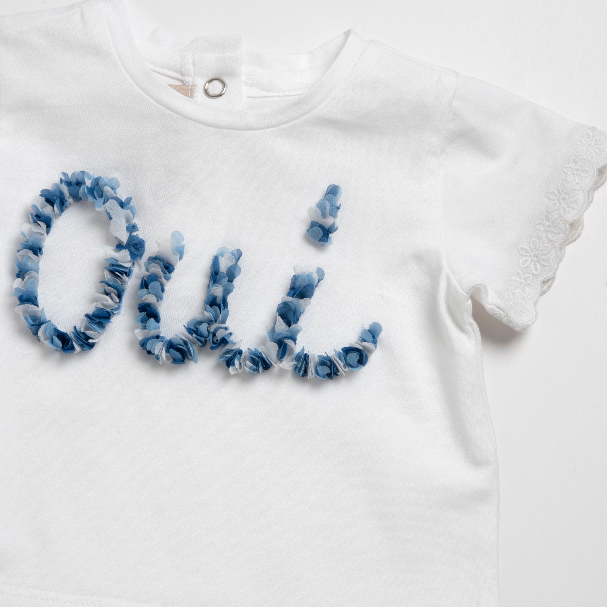 Embellished Stretch Cotton Top for Girls in White & Light Blue