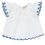 Embroidered Cotton Summer Top for Girls in White & Light Blue