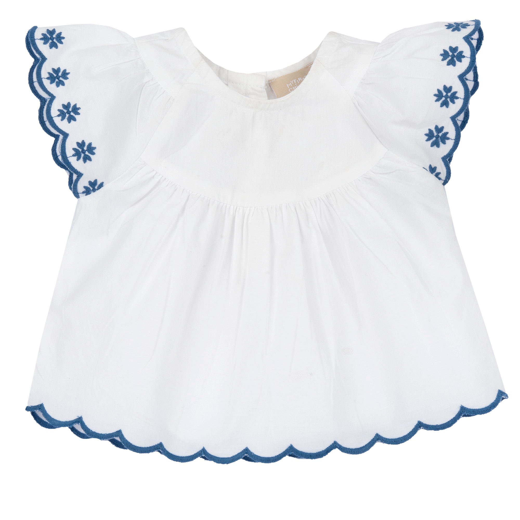 Embroidered Cotton Summer Top for Girls in White & Light Blue