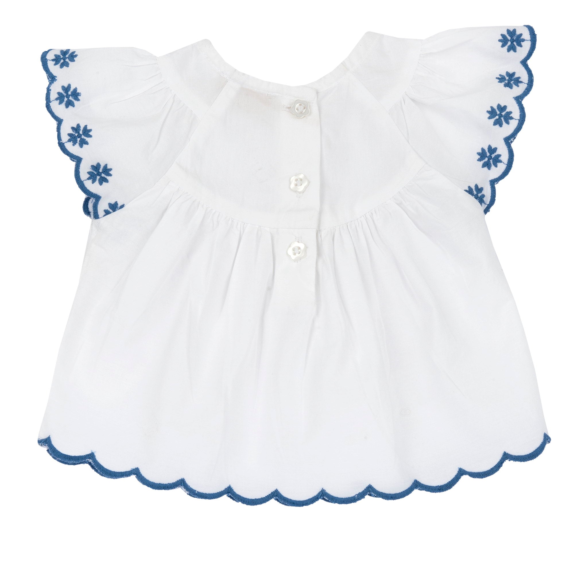 Embroidered Cotton Summer Top for Girls in White & Light Blue