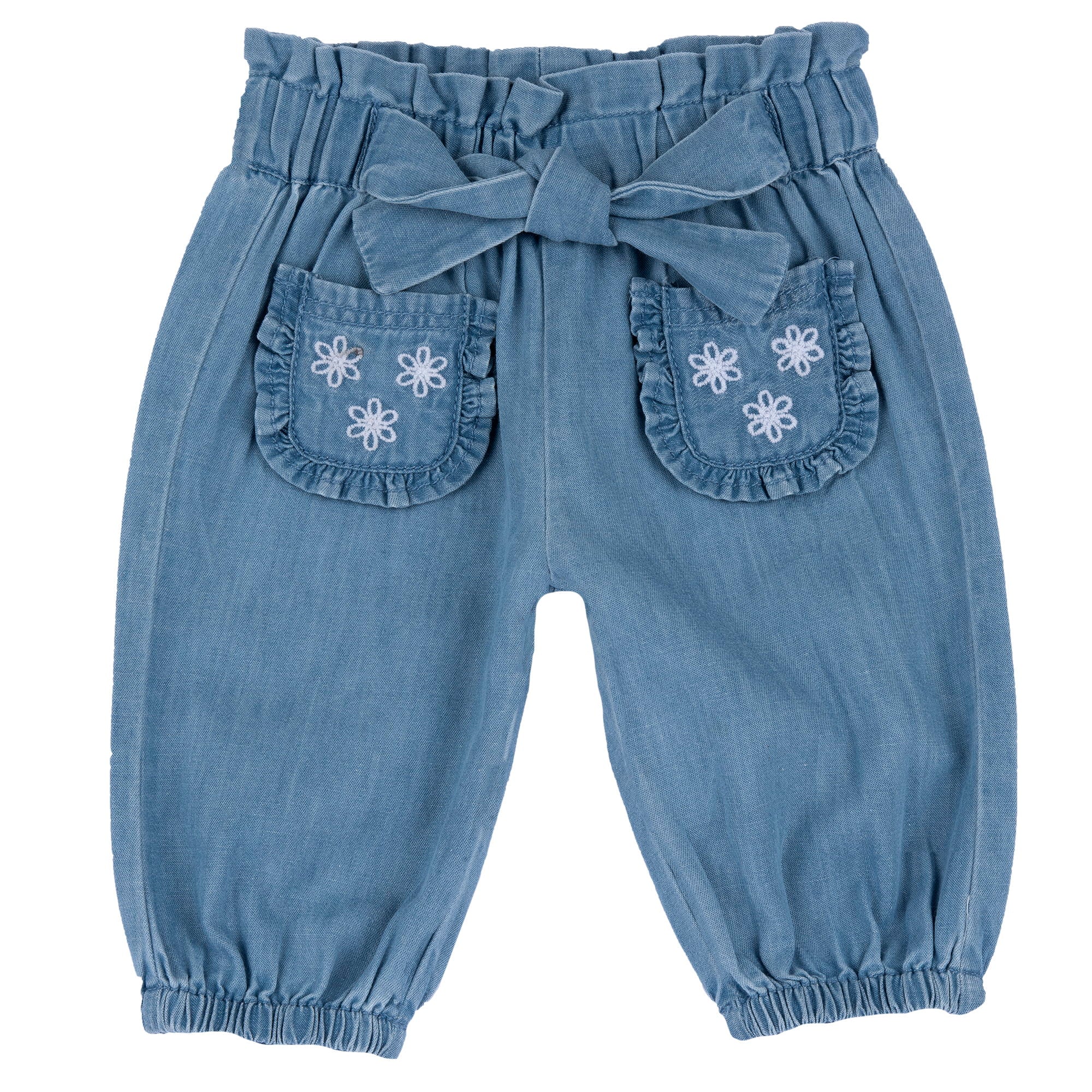 Textured Cotton Long Trousers for Girls in Medium Light Blue