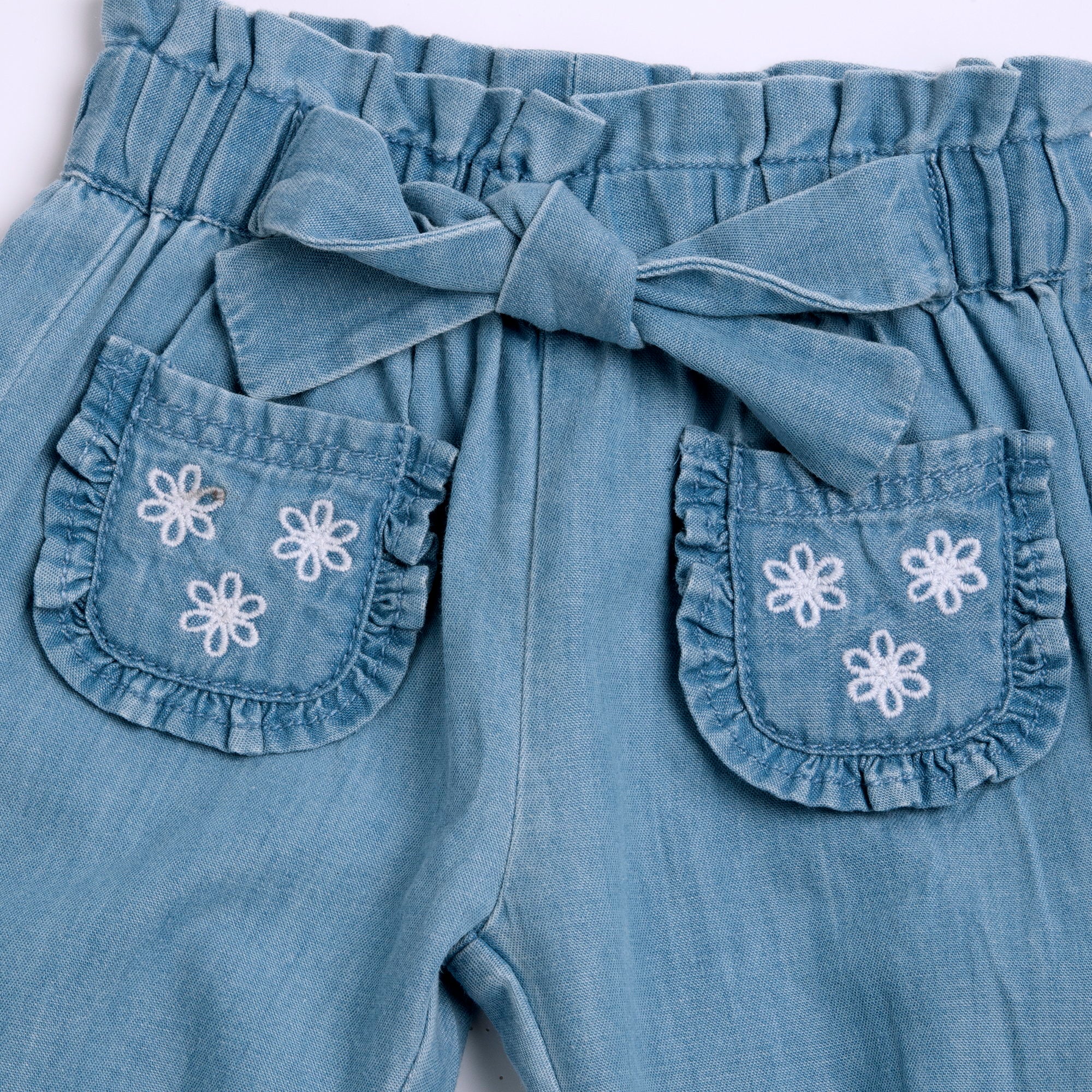 Textured Cotton Long Trousers for Girls in Medium Light Blue