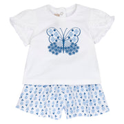 Girls White and Light Blue Graphic Printed Cotton Blend T-Shirt and Shorts Set