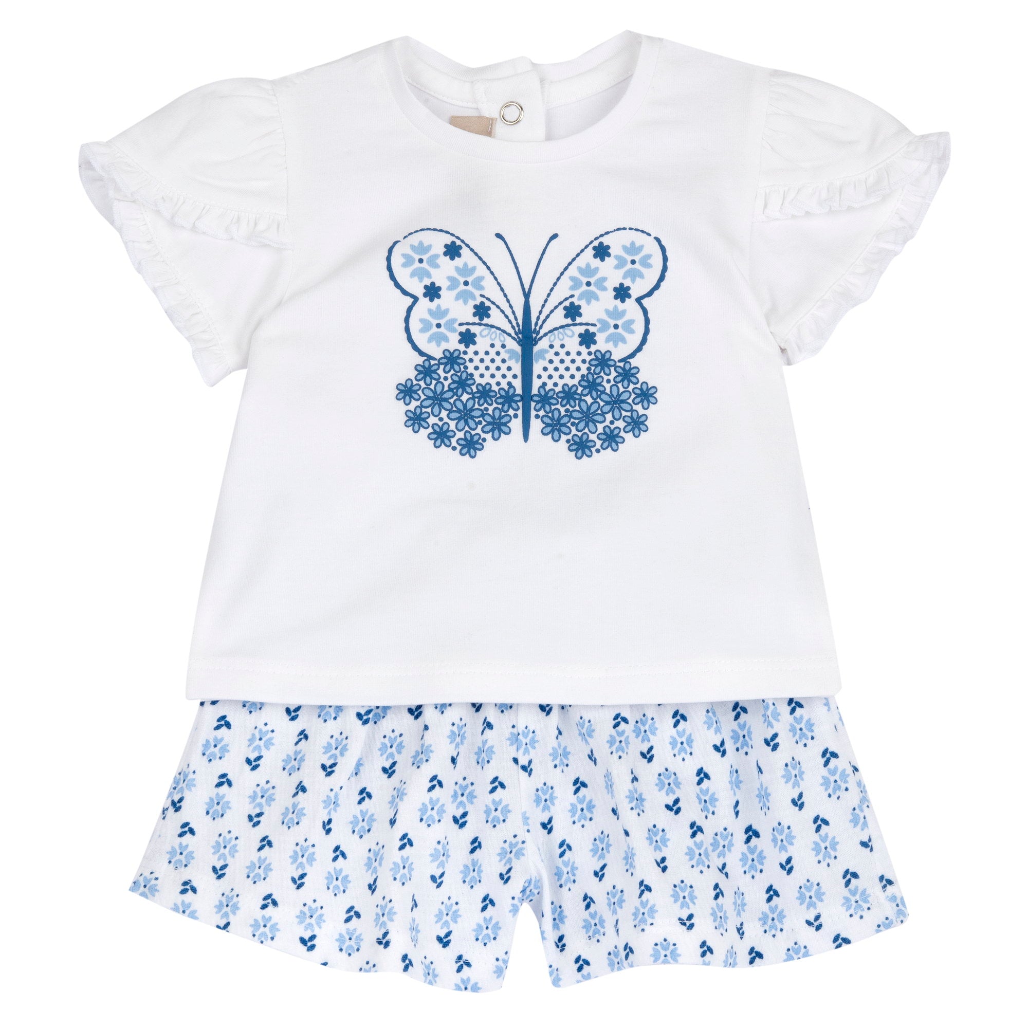 Girls White and Light Blue Graphic Printed Cotton Blend T-Shirt and Shorts Set