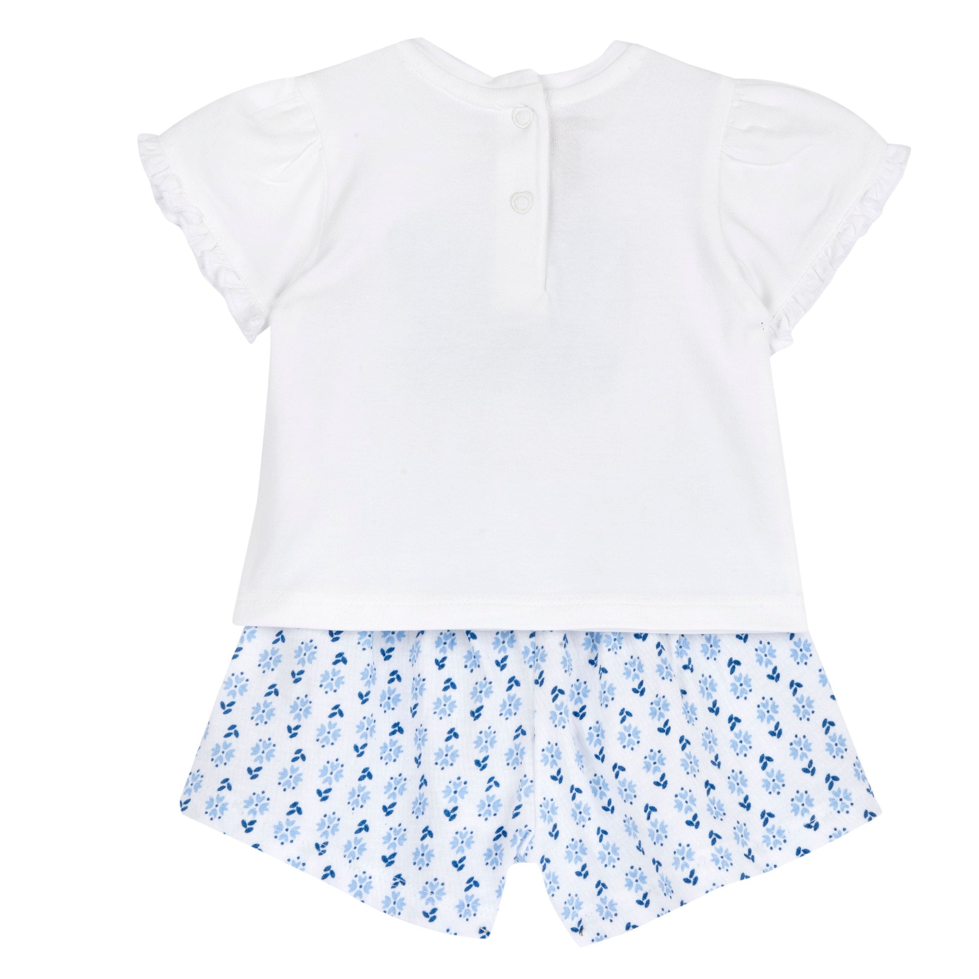 Girls White and Light Blue Graphic Printed Cotton Blend T-Shirt and Shorts Set