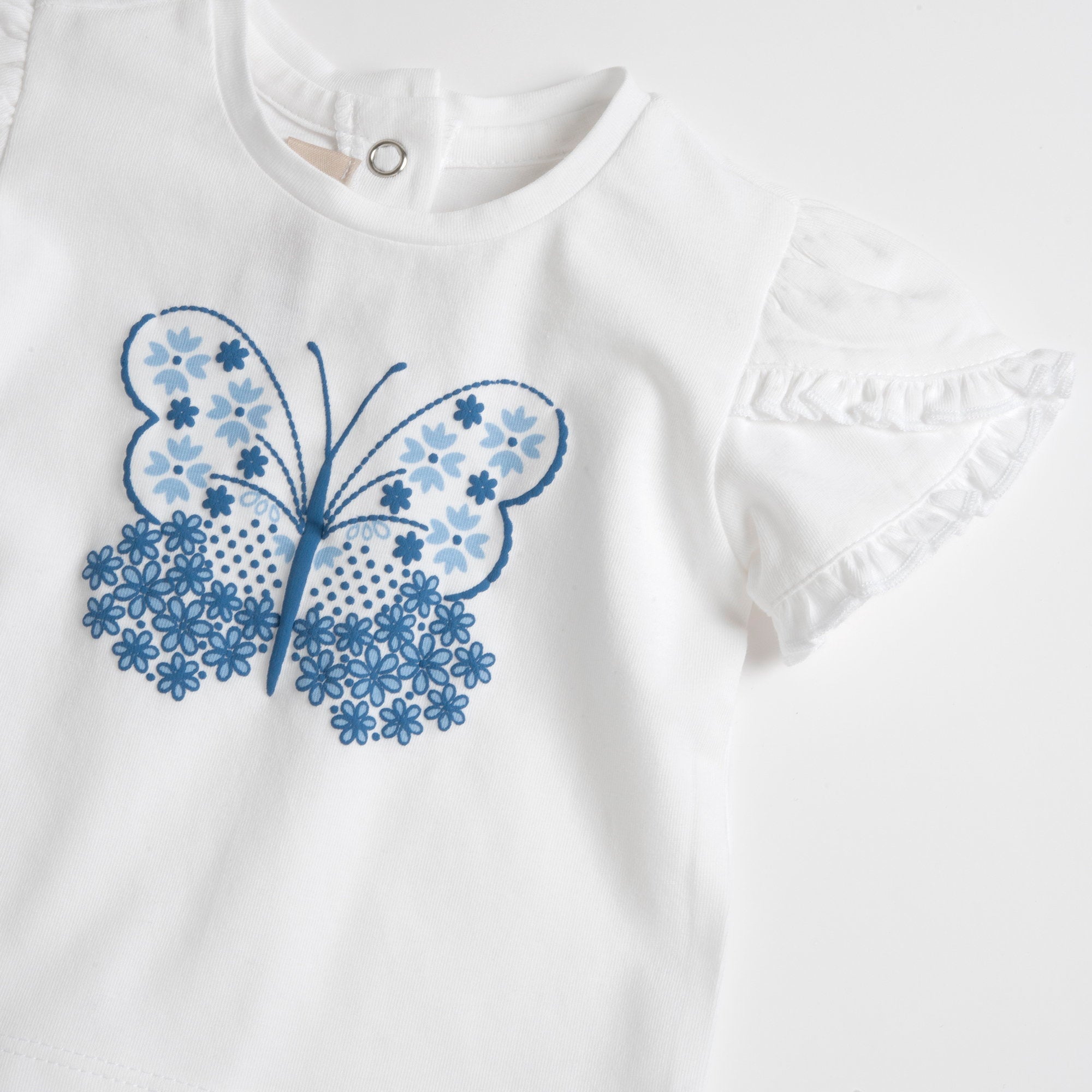 Girls White and Light Blue Graphic Printed Cotton Blend T-Shirt and Shorts Set