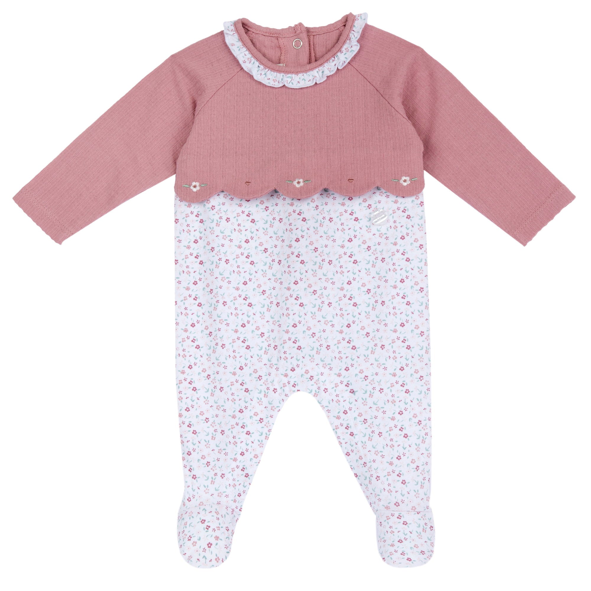 Soft Embroidered Baby Onesie in Medium Pink with Easy Leg Opening