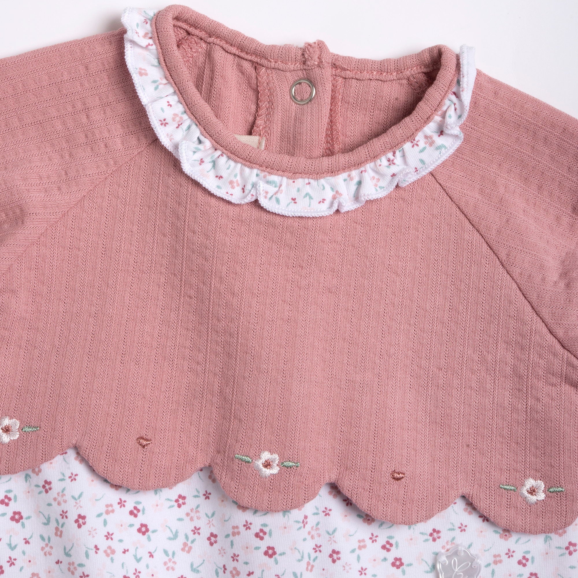 Soft Embroidered Baby Onesie in Medium Pink with Easy Leg Opening