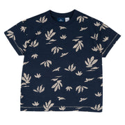 Dark Blue Floral Printed Cotton Short Sleeve T-Shirt for Boys