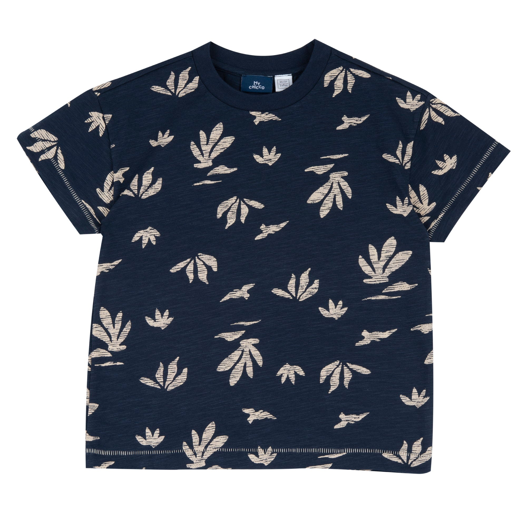 Dark Blue Floral Printed Cotton Short Sleeve T-Shirt for Boys