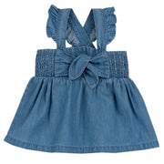 Medium Light Blue Self Design Cotton Overall Skirt for Girls