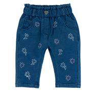 Medium Blue Embroidered Cotton Blend Long Trousers for Girls