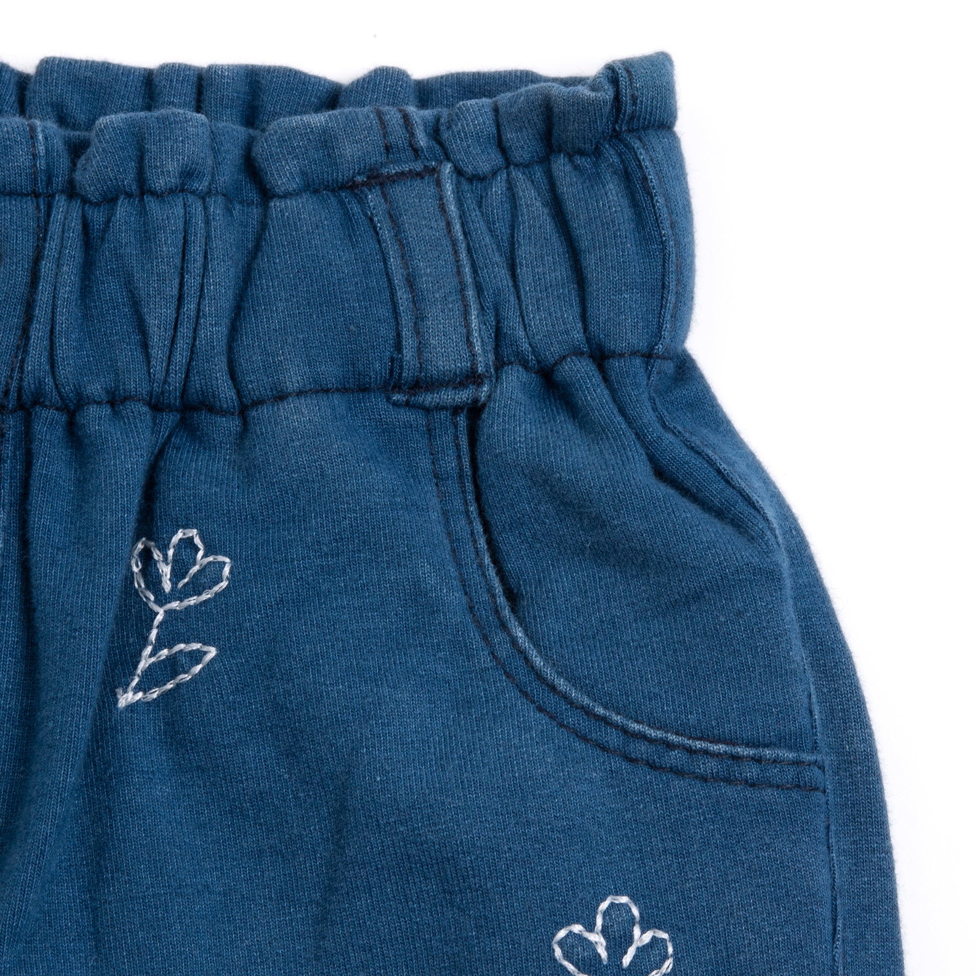Medium Blue Embroidered Cotton Blend Long Trousers for Girls