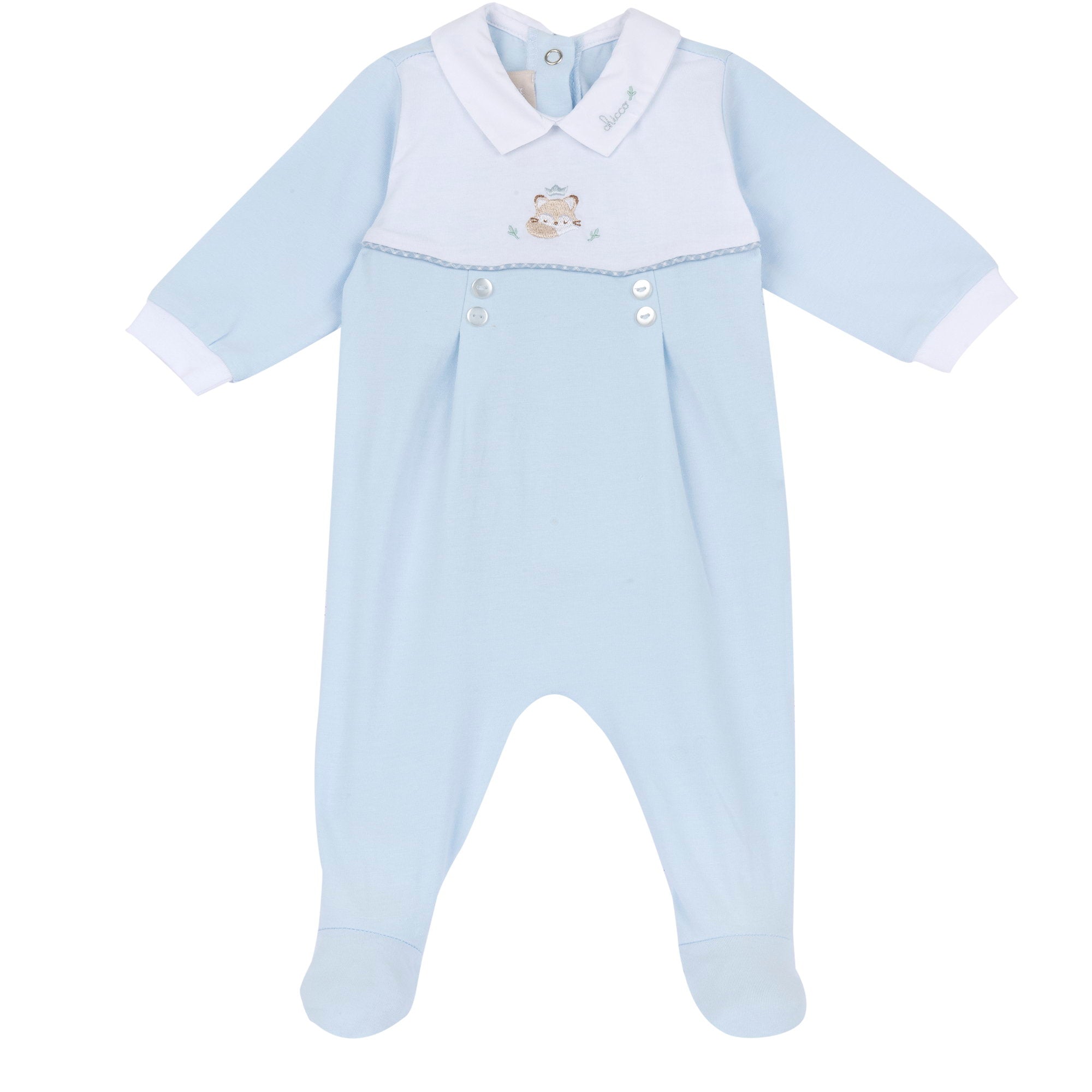 Light Blue Embellished Cotton Blend Nappy Opening Babysuit for Boys