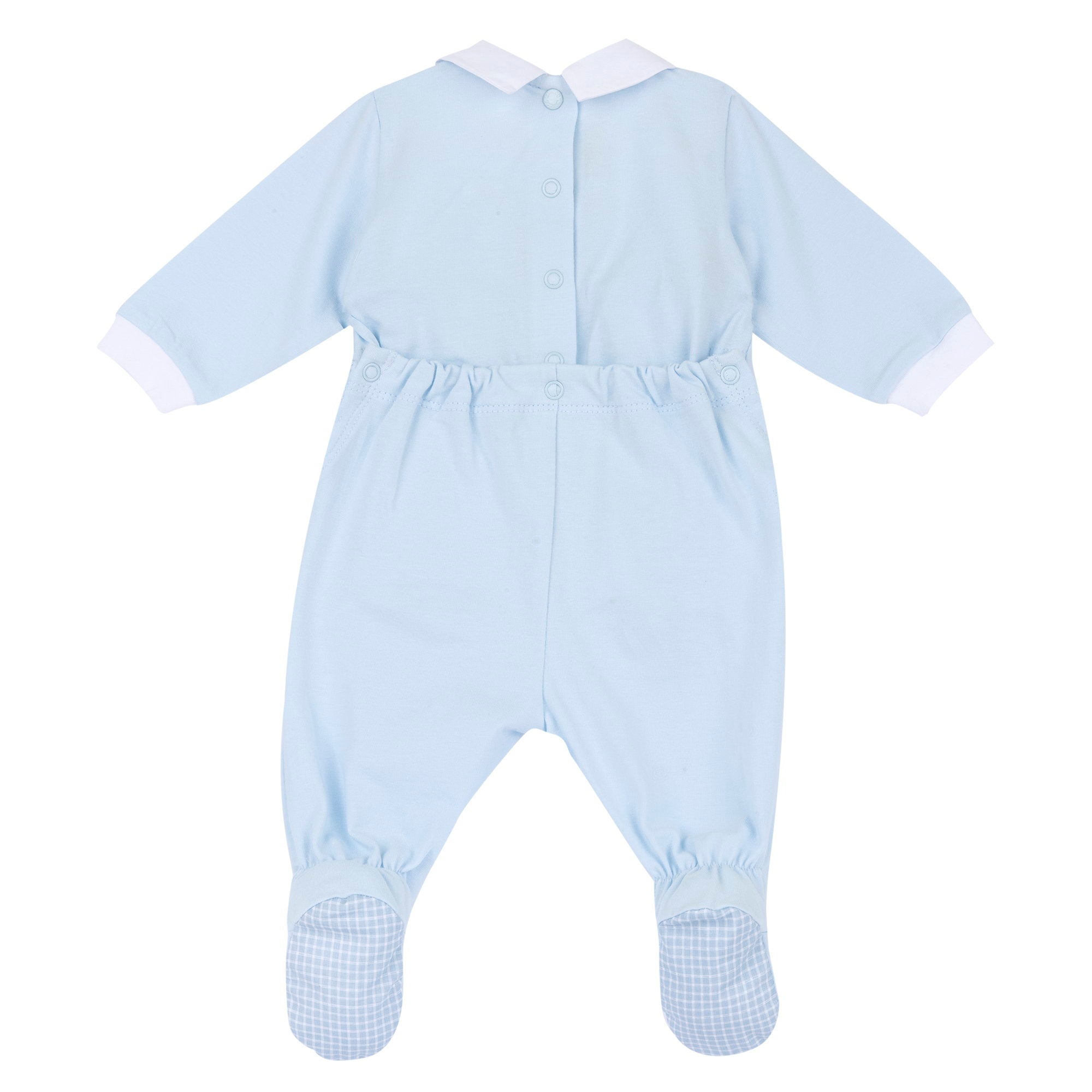 Light Blue Embellished Cotton Blend Nappy Opening Babysuit for Boys