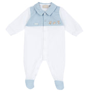 White & Light Blue Checked Cotton Blend Babysuit for Baby Boys