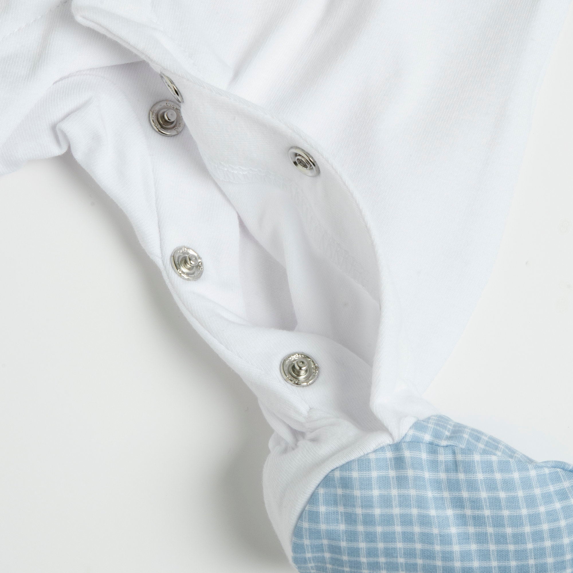 White & Light Blue Checked Cotton Blend Babysuit for Baby Boys