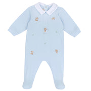 Light Blue Embroidered Cotton Blend Nappy Opening Babysuit for Boys