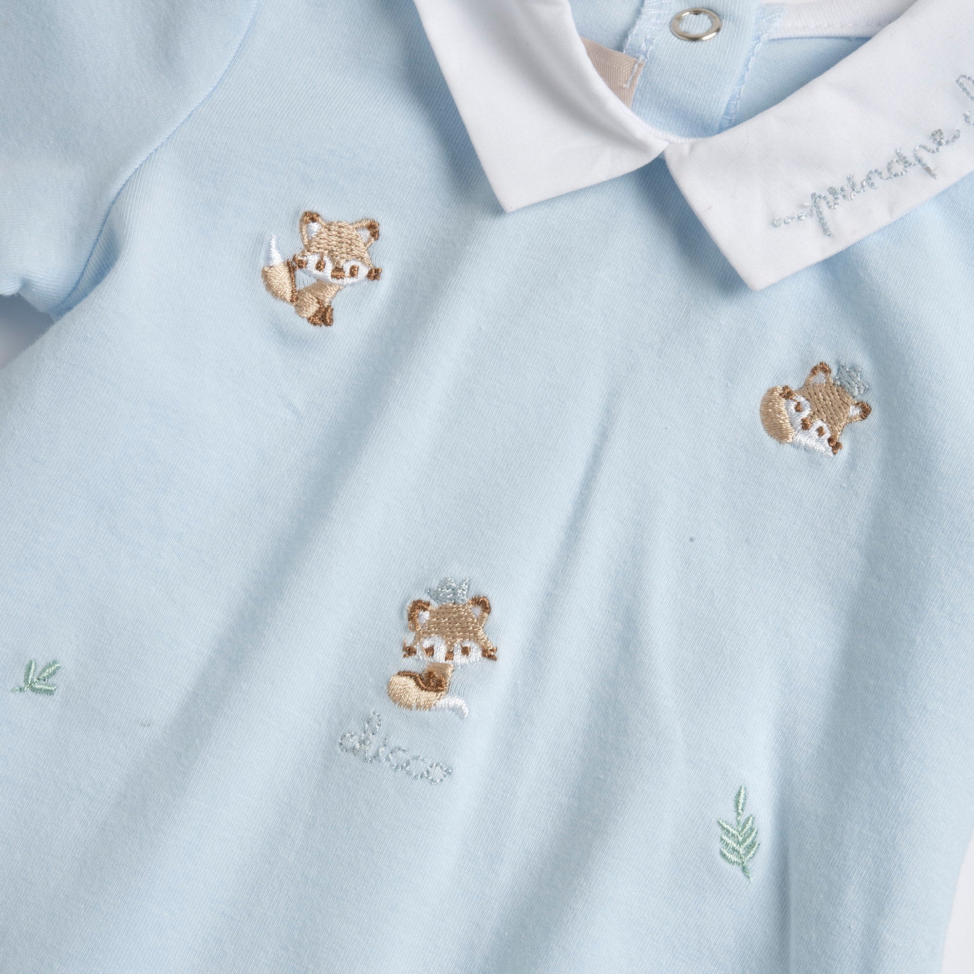 Light Blue Embroidered Cotton Blend Nappy Opening Babysuit for Boys