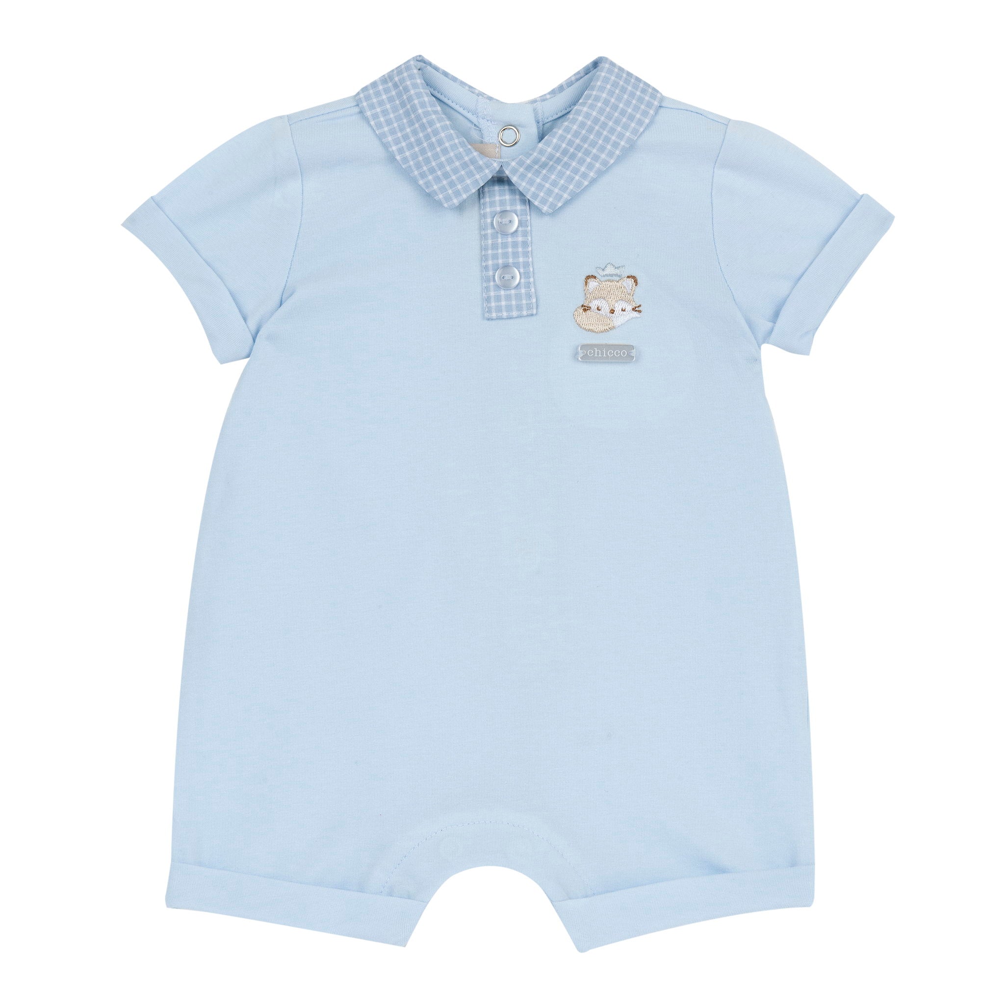 Light Blue Embroidered Cotton Blend Short Sleeve Romper for Baby Boys