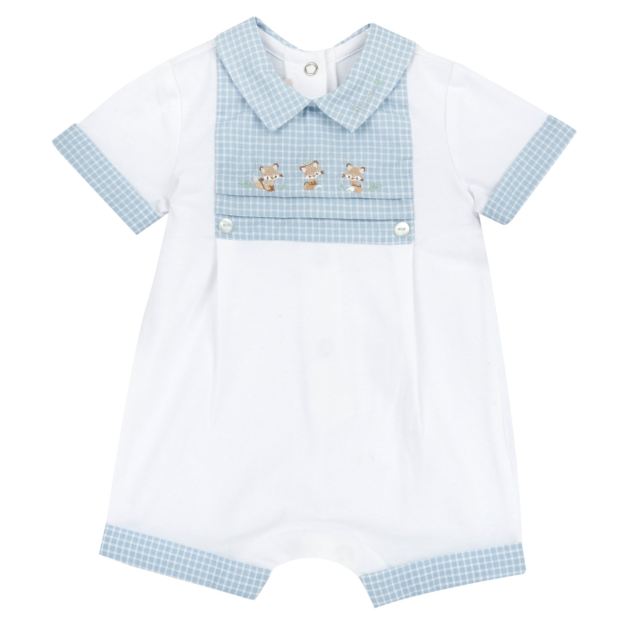 White & Light Blue Embroidered Cotton Short Sleeve Romper for Baby Boys