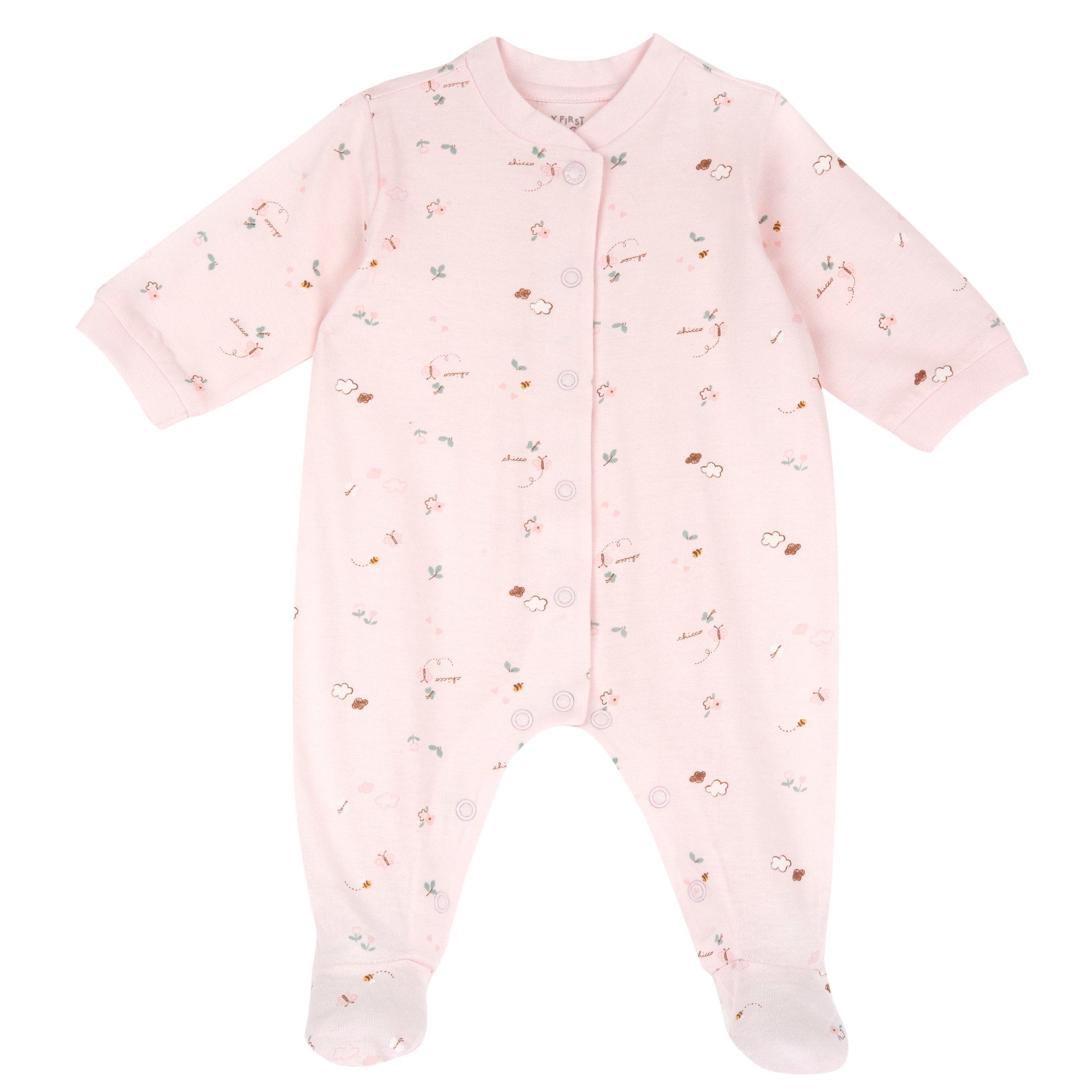 Pink Printed Cotton Front Opening Babysuit for Baby Girls