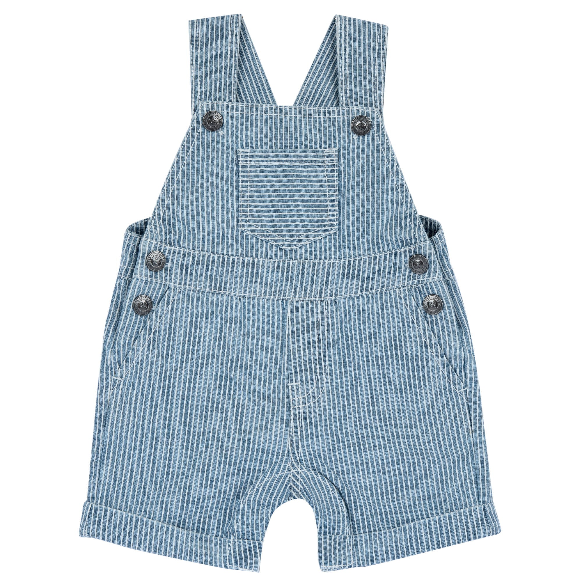 Medium Blue Striped Cotton Sleeveless Short Overalls for Boys