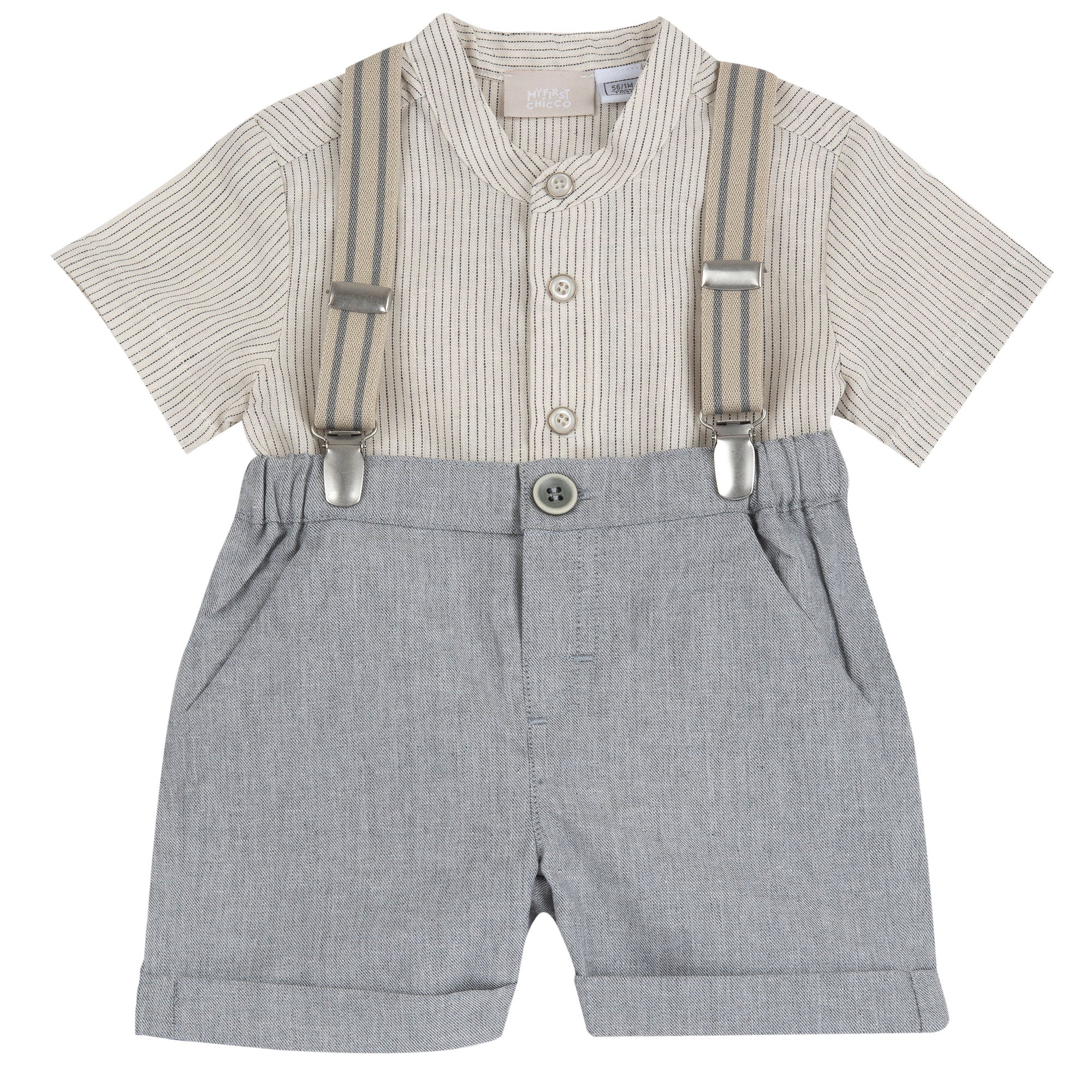 Medium Grey Striped Shirt and Short Trousers Set for Boys