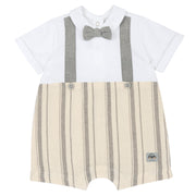 Boys Light Natural Striped Cotton Collared Short Sleeve Romper