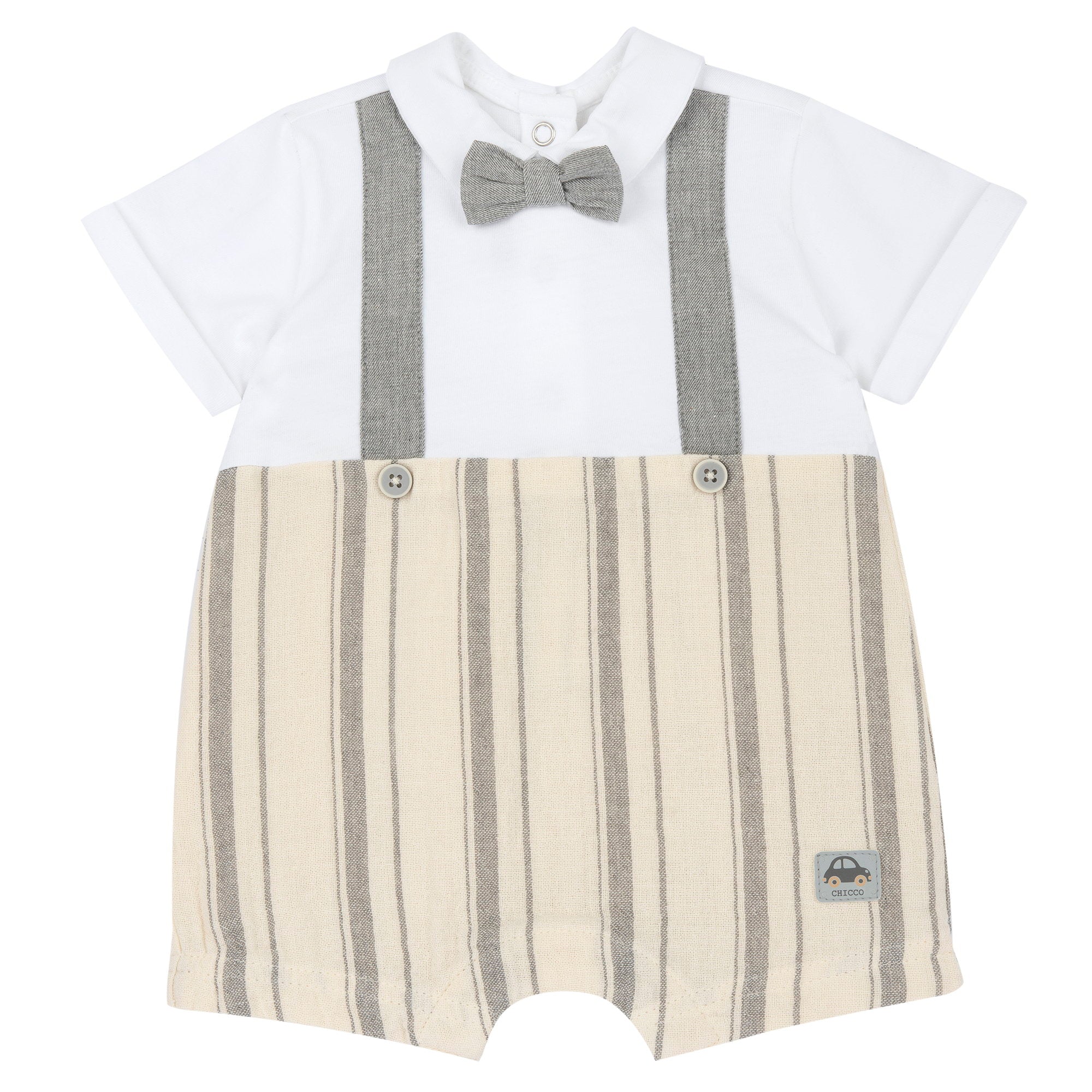 Boys Light Natural Striped Cotton Collared Short Sleeve Romper