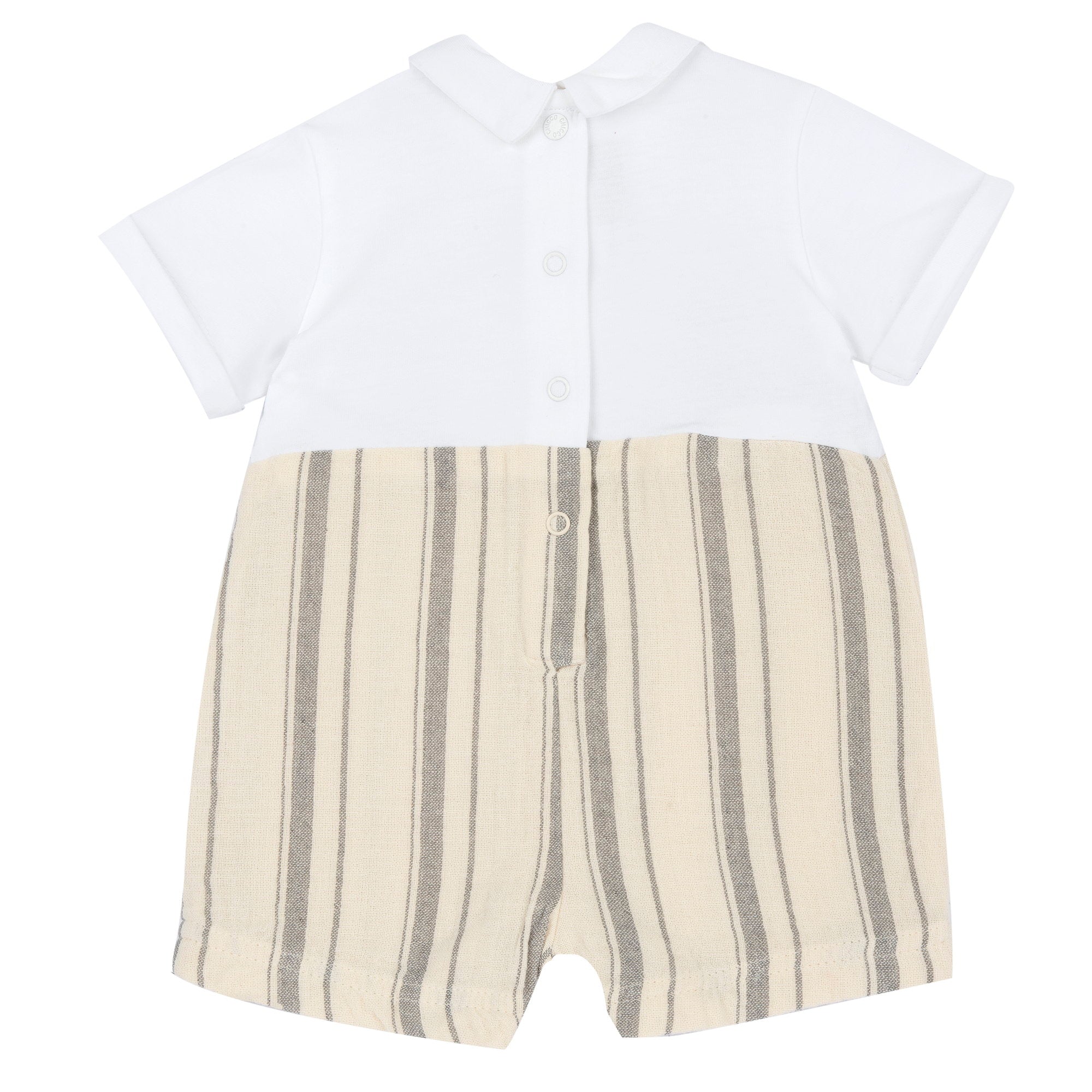 Boys Light Natural Striped Cotton Collared Short Sleeve Romper