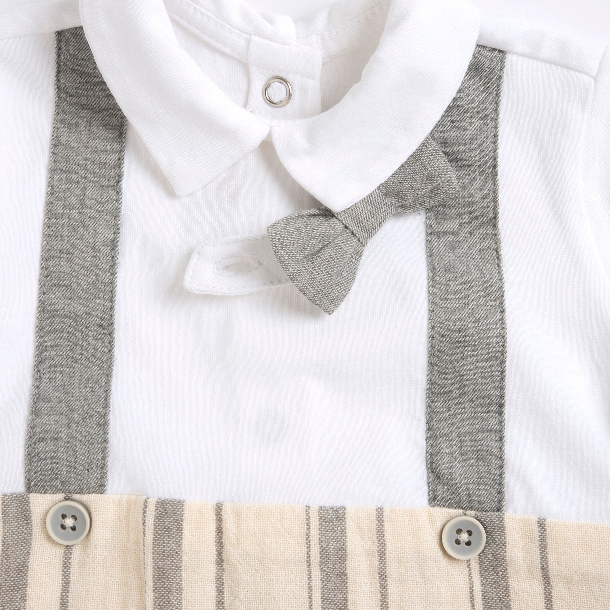 Boys Light Natural Striped Cotton Collared Short Sleeve Romper
