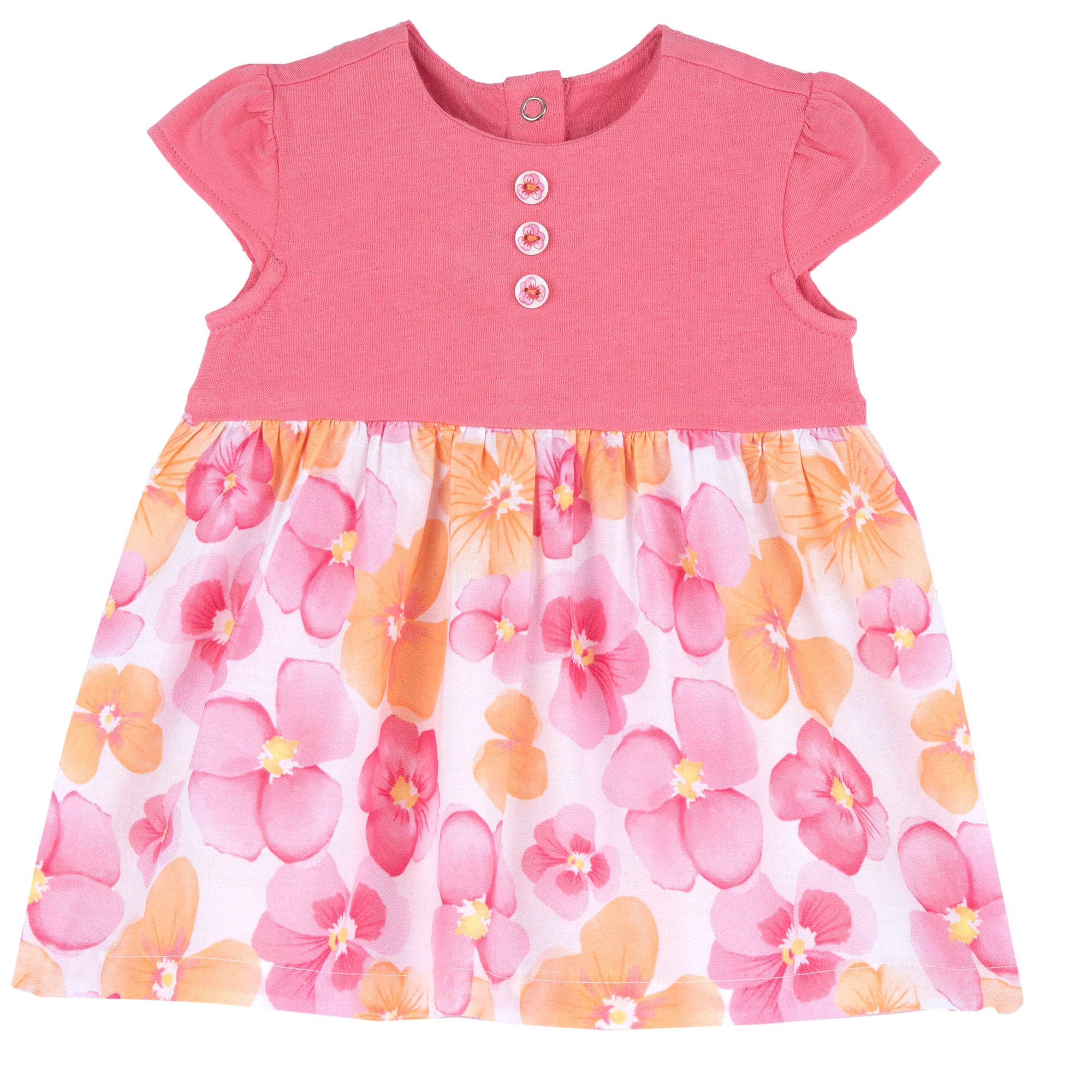 White & Pink Floral Printed A-Line Short Sleeve Dress for Girls