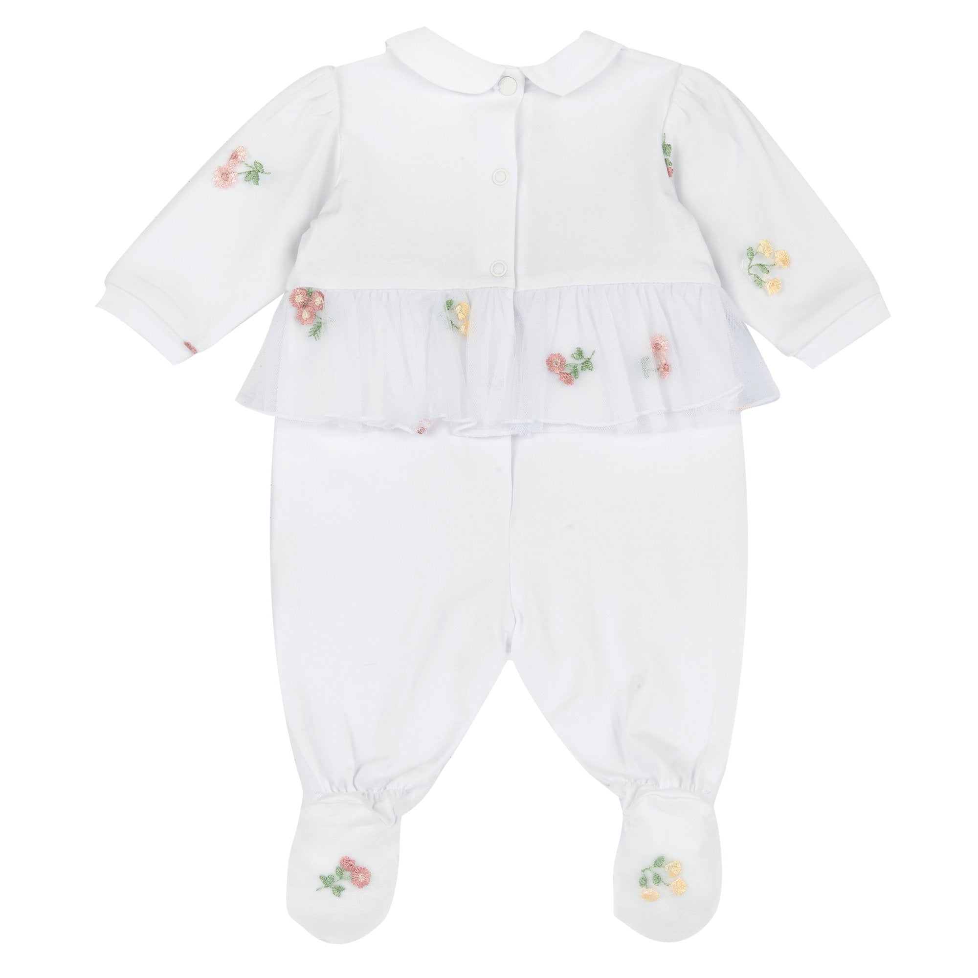 White Embroidered Full Sleeve Leg Opening Babysuit for Baby Girls
