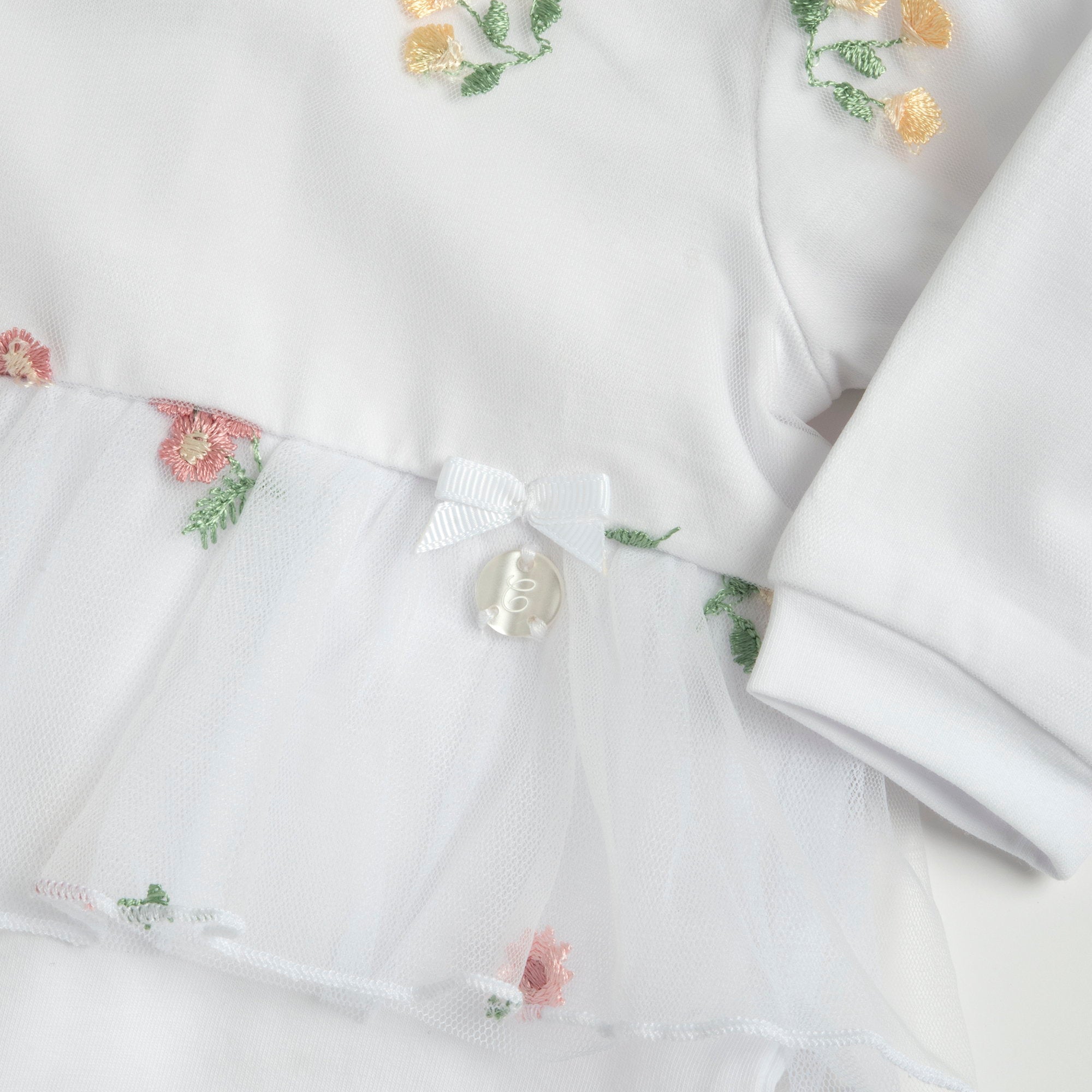 White Embroidered Full Sleeve Leg Opening Babysuit for Baby Girls
