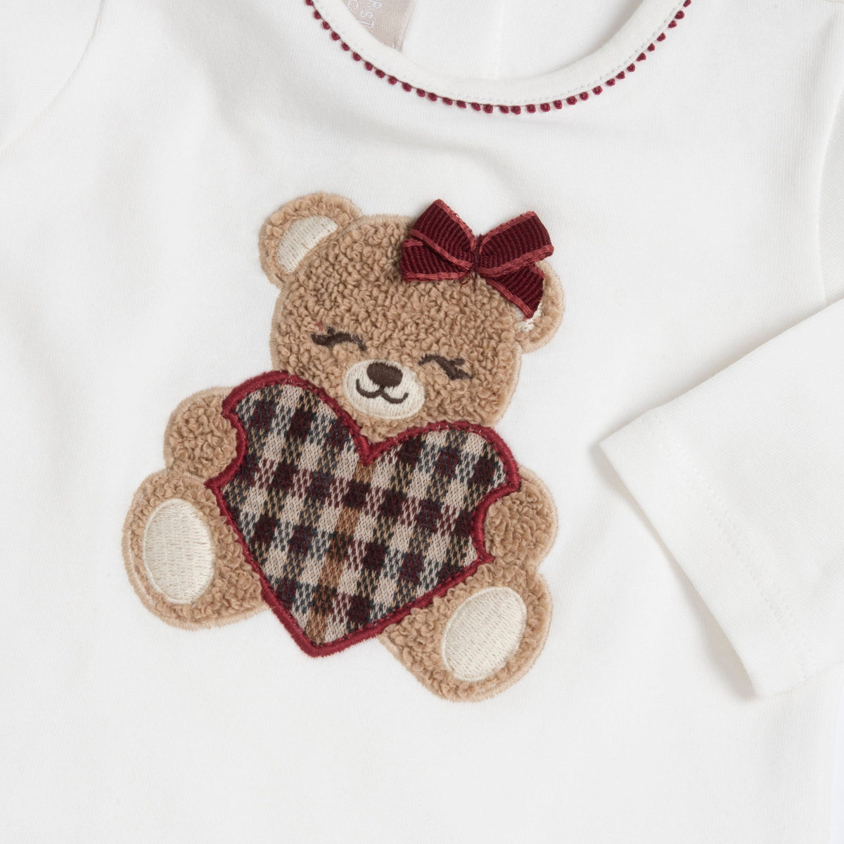 Girls White Teddy Bear Checkered Stretch Jersey T-Shirt