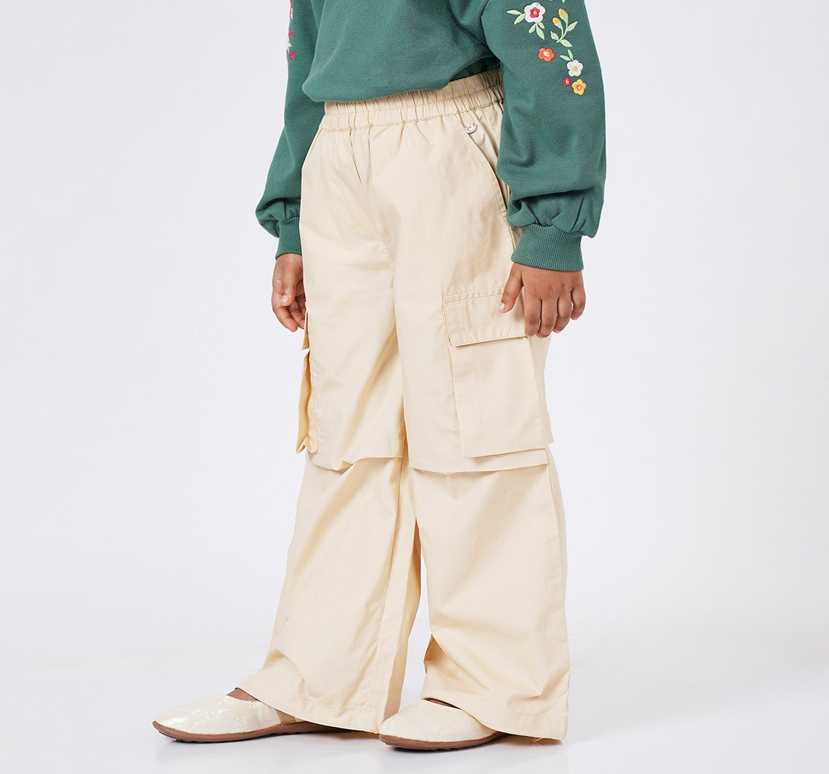 Girls Beige Cotton Poplin Wide Leg Cargo Trousers