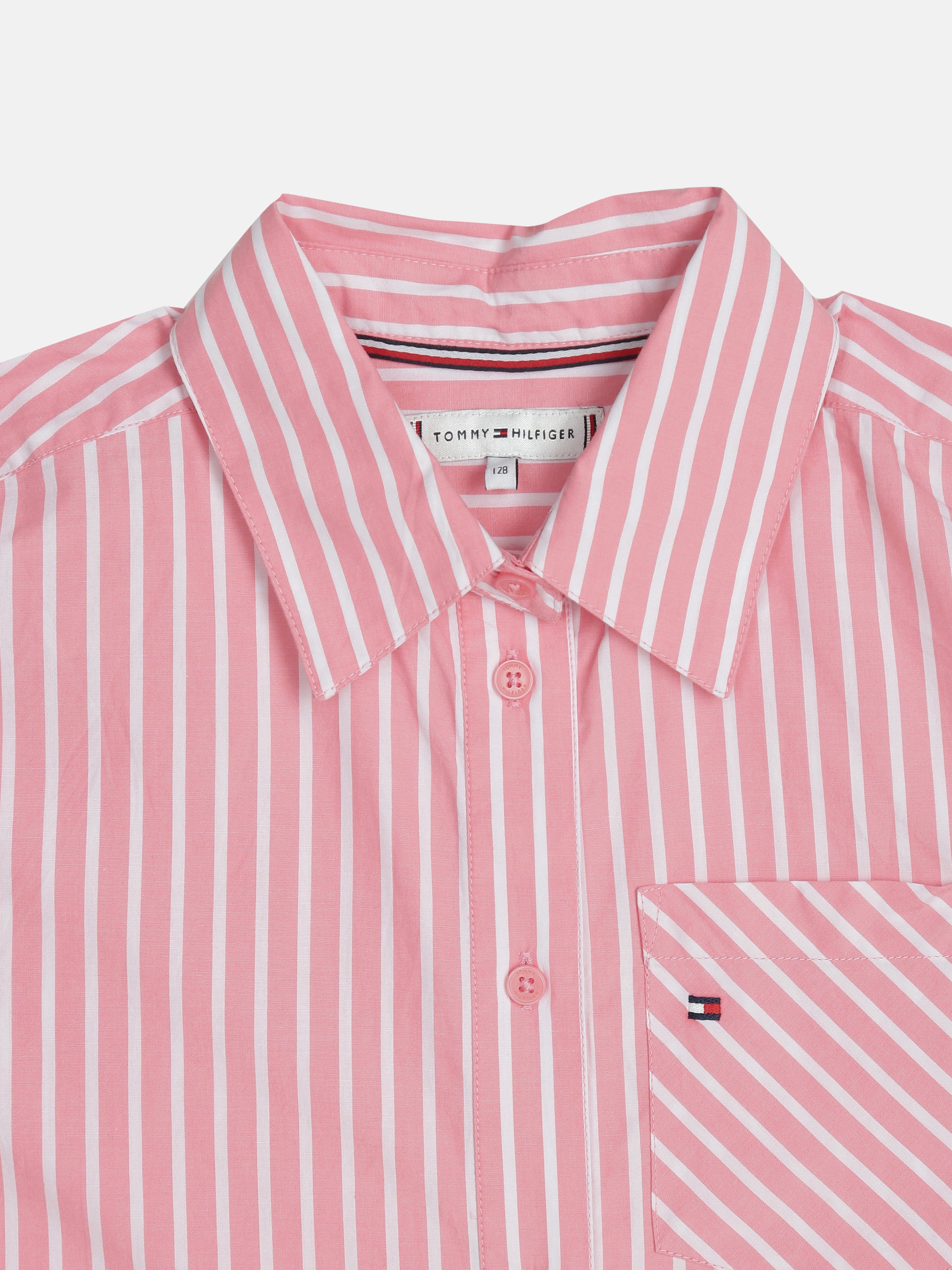 Girls Pink Striped Shirt Collar Woven Top