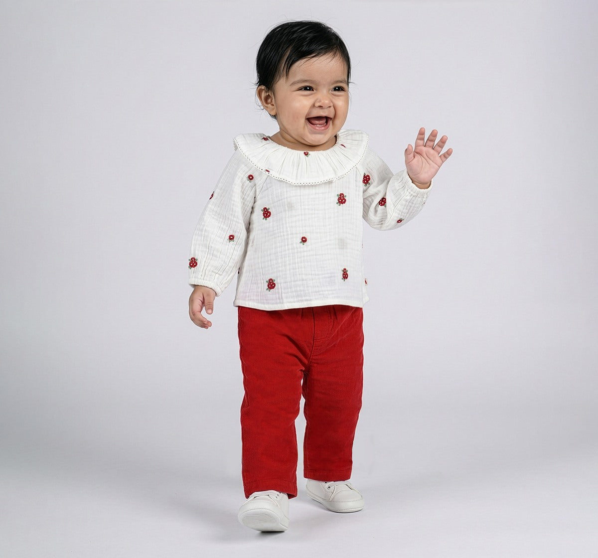 Infant Girls White Embroidered Top with Red Corduroy Pants