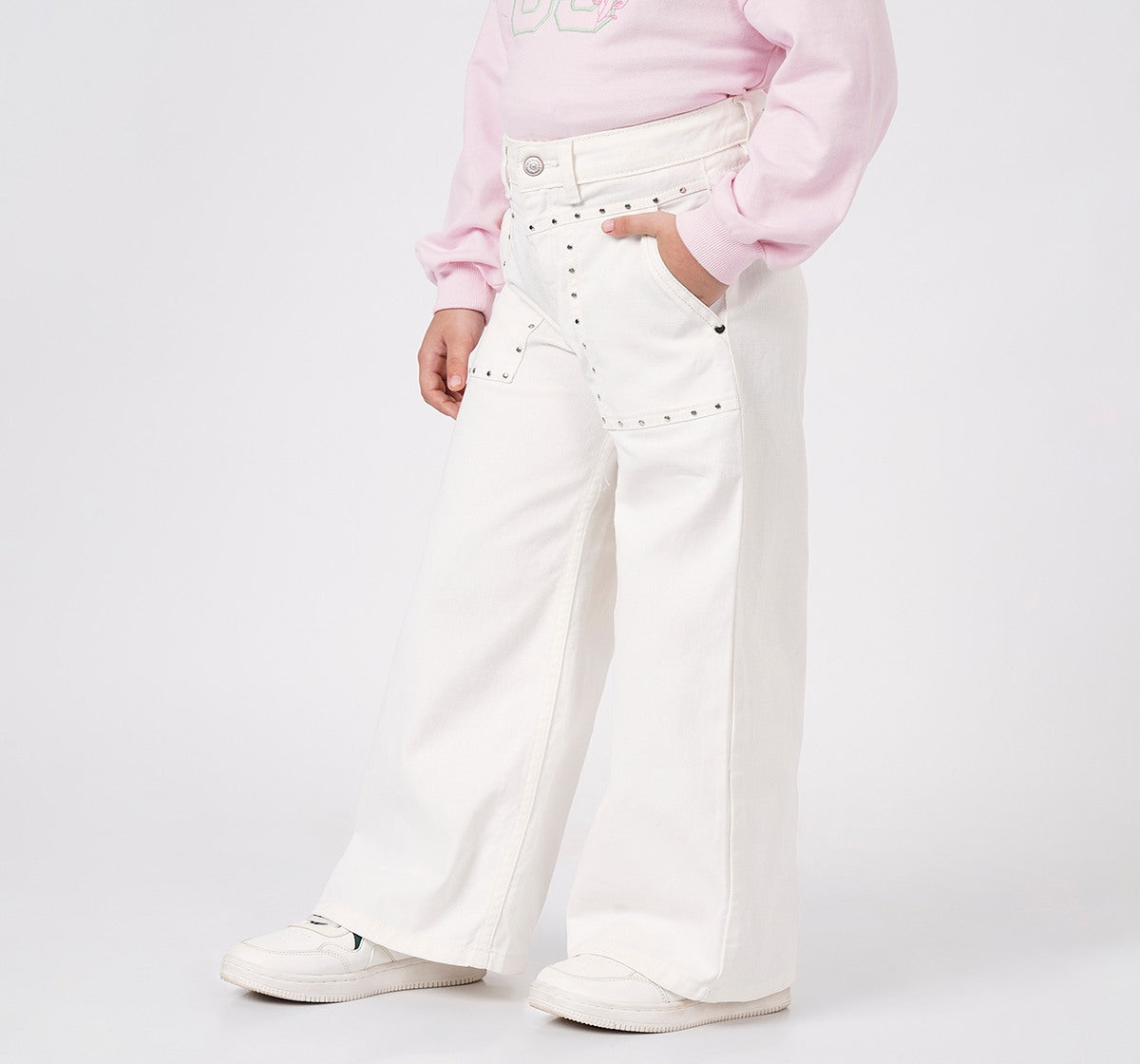 Girls Off White Cotton Denim Wide Leg Studded Jeans
