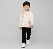 Crew Neck T-Shirt W/ Print & Applique Beige Full Sleeves