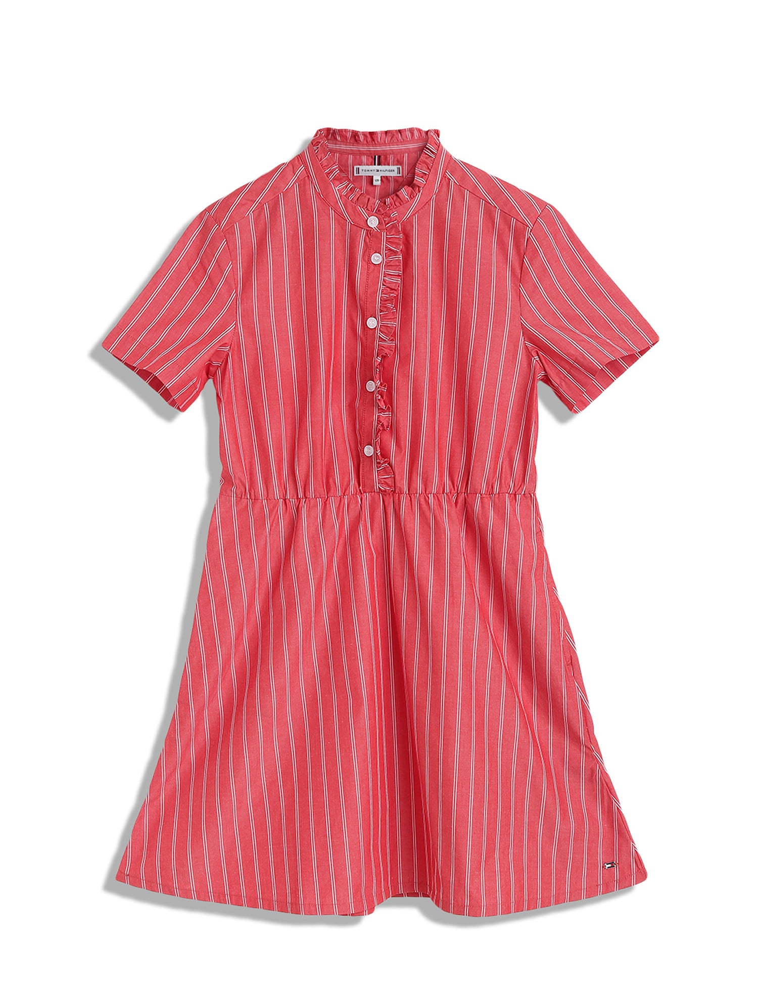 Girls Red Striped Cotton Casual Knee-Length Dress