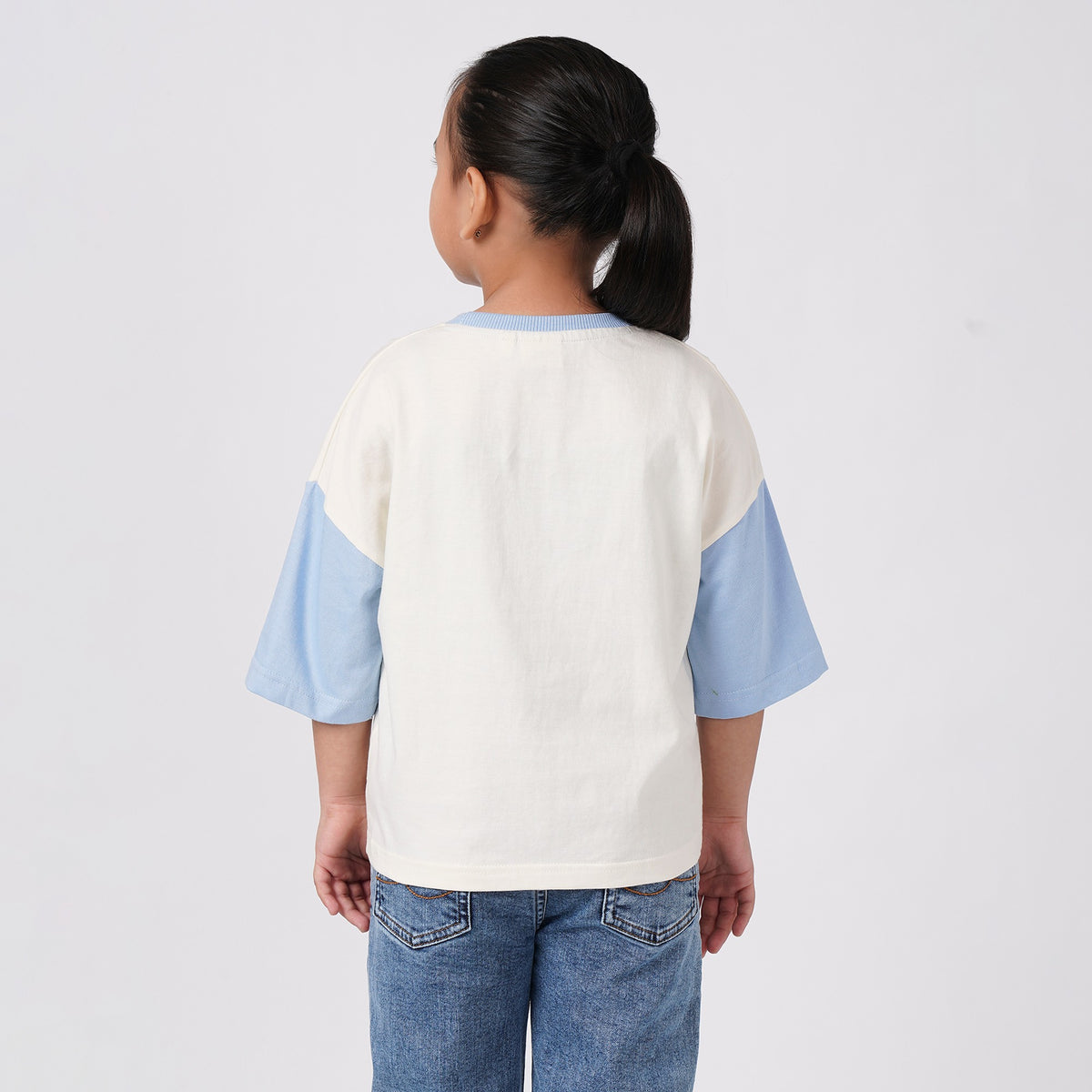 Girls Cream and Blue Cotton Color Block Boxy Fit T-Shirt