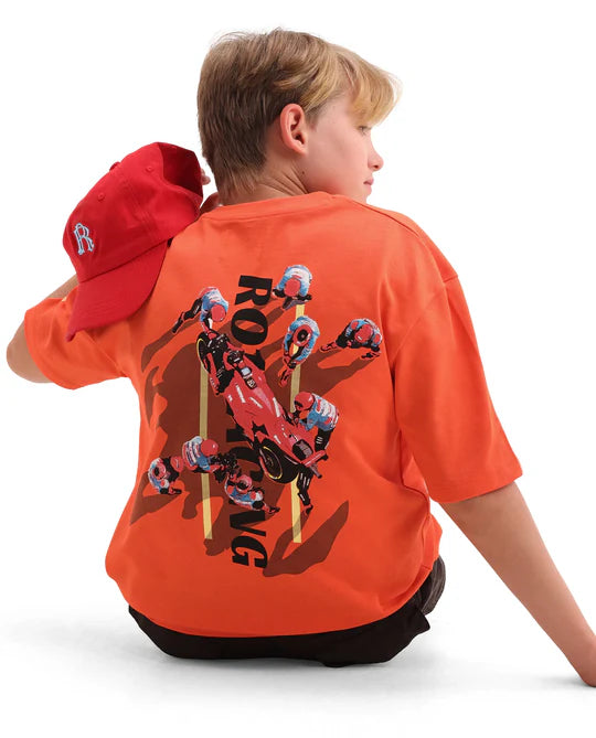 Rare Ones Boys Orange Puff Print Oversized Cotton T-Shirt