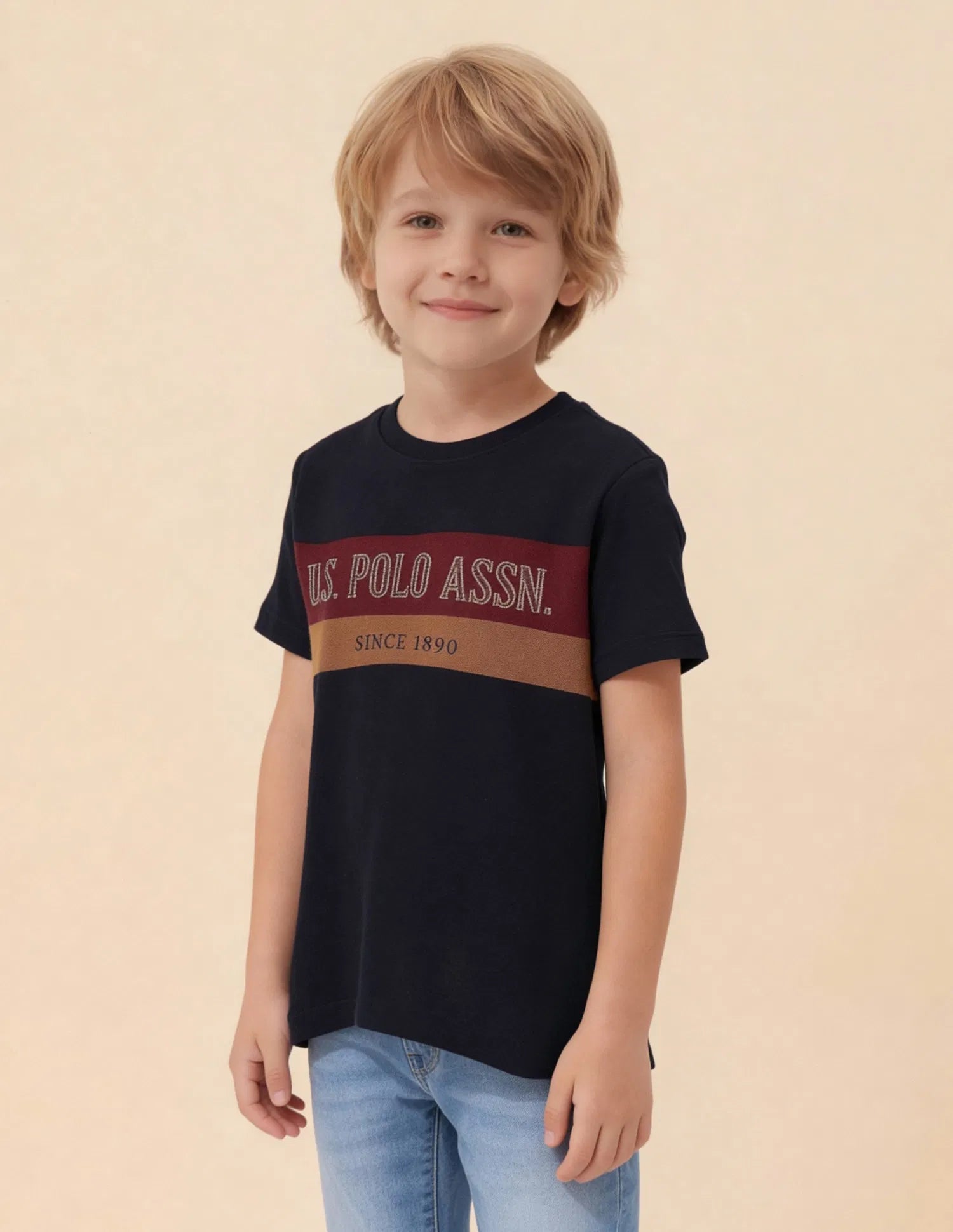 Boys Navy Cotton Colour Block Logo T-Shirt